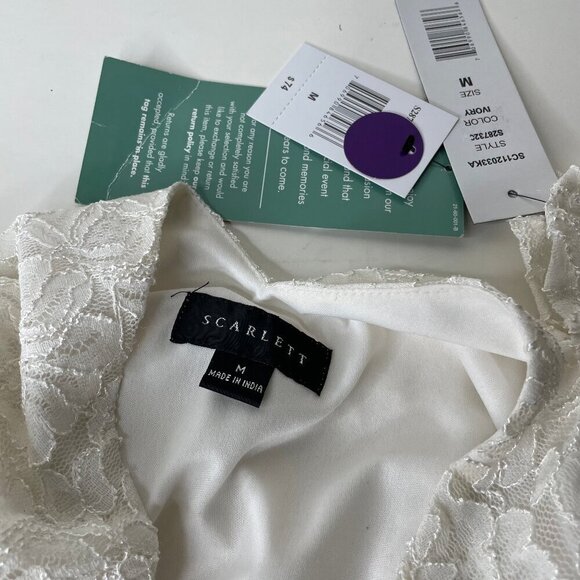 Scarlett Ivory Gold Lace Bell Sleeve Ruched Embellished Bead Accent Blouse Top M - Picture 6 of 9